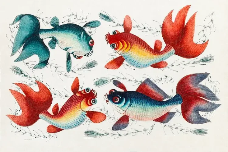 Chinese painting featuring two gold and two silver fish ca.1800–1899. Original from the New York Public Library. Photo by Rawpixel. Flickr.