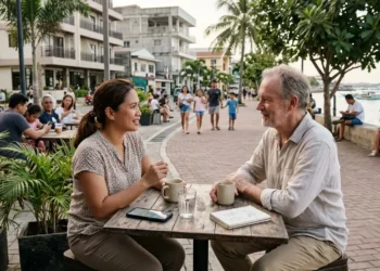 AI-generated photograph-style image of a Filipino woman and an older Western man talking at a waterfront café in the Philippines.