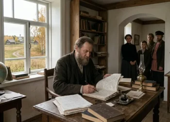 AI-generated photograph-style image of a 19th-century Russian writer revising manuscripts in a rural estate study as visitors wait nearby.