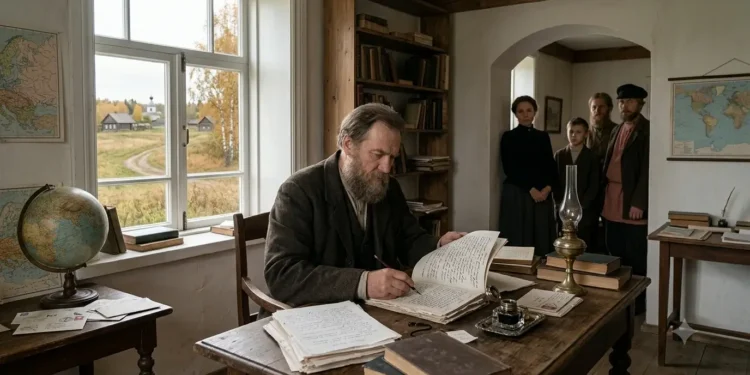 AI-generated photograph-style image of a 19th-century Russian writer revising manuscripts in a rural estate study as visitors wait nearby.