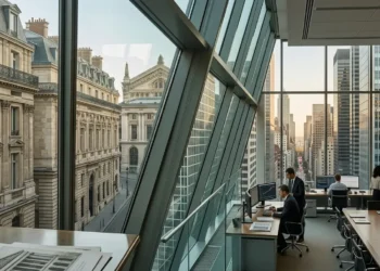 AI-generated photograph-style image connecting historic Paris banking architecture with a modern North American financial office.