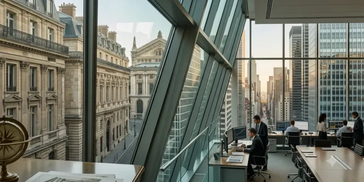 AI-generated photograph-style image connecting historic Paris banking architecture with a modern North American financial office.