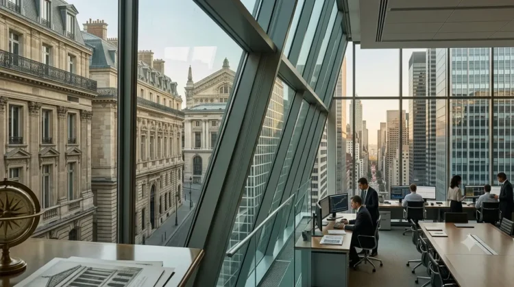 AI-generated photograph-style image connecting historic Paris banking architecture with a modern North American financial office.