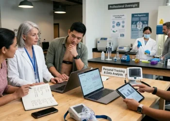 AI-generated photograph-style image of adults reviewing wearable health data with a clinician while supervised laboratory work takes place nearby.