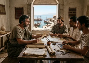 AI-generated photograph-style image of an ancient Greek scholar recording testimony from Mediterranean travellers using papyrus scrolls and maps.