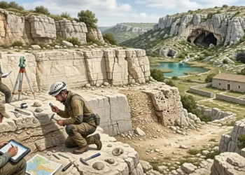 AI-generated image of geologists examining fossil-bearing limestone layers within a karst landscape of caves, cliffs and springs.