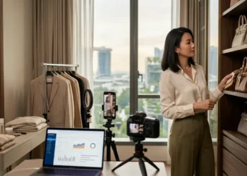 AI-generated photograph-style image of a Singaporean fashion entrepreneur creating social media content in a luxury wardrobe studio.