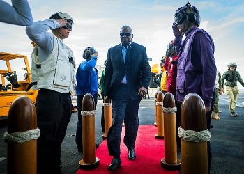 Secretary of Defense Lloyd J. Austin III visits the USS Gerald R. Ford underway in the Eastern Mediterranean, Dec. 20, 2023. Photo By Chad J. McNeeley, DOD.
