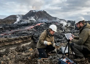 AI-generated photograph-style image of geologists collecting volcanic rock samples and monitoring an active lava field.