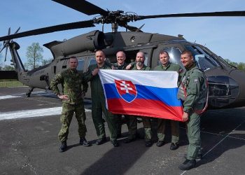 Indiana National Guardsmen with the 38th Combat Aviation Brigade and partners from Slovakia conduct aerial gunnery training at Camp Atterbury, Ind., April 19, 2023. Photo by Sgt. Clifton