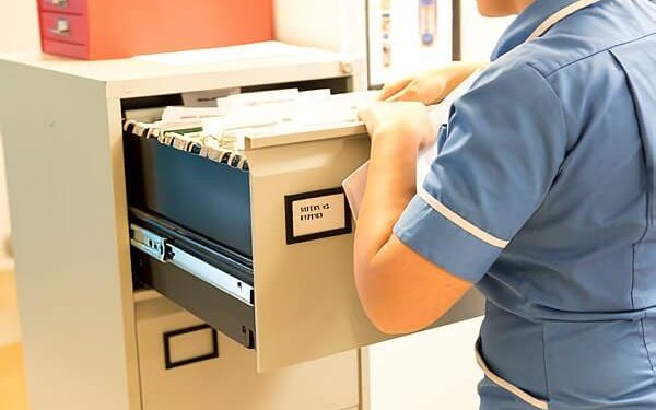 Nurse looking through medical forms at UCLH. Photo by Department of Health and Social Care. stock-medical