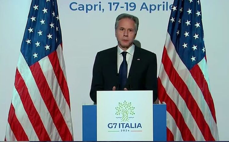Secretary Blinken gives press statement at G& ministers meeting in Capri. Photo by US Department of State. YouTube.
