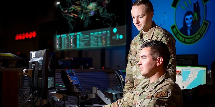 Airmen from the 67th Cyberspace Wing review daily tasks at Joint Base San Antonio – Lackland’s Medina annex, Texas. Photo by Jason W. Edwards. DOD.