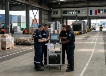 AI-generated photograph-style image of French and US customs officers coordinating cargo inspections at an international freight terminal.