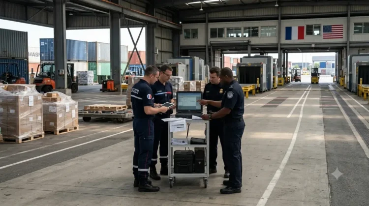 AI-generated photograph-style image of French and US customs officers coordinating cargo inspections at an international freight terminal.