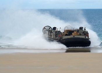 A landing craft, air cushion hovercraft, which launched from the well deck of the amphibious transport dock ship USS New Orleans. Photo by David Vergun. DOD.
