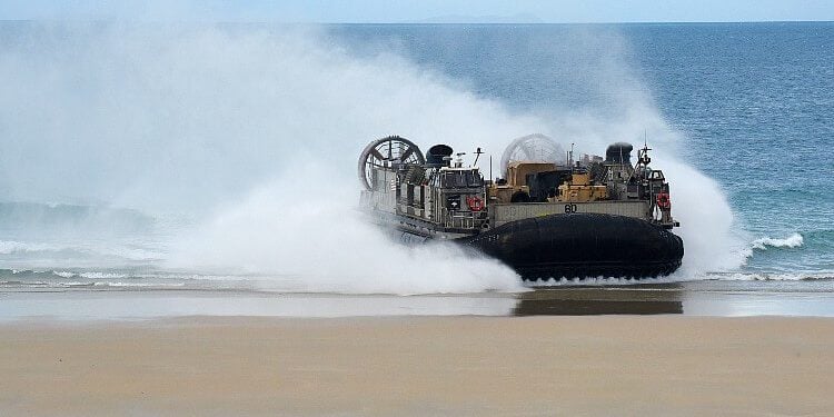 A landing craft, air cushion hovercraft, which launched from the well deck of the amphibious transport dock ship USS New Orleans. Photo by David Vergun. DOD.