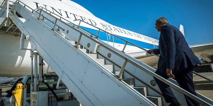 Austin at Osan Air Base, South Korea following his 11th visit to Indo-Pacific. Photo by PACOM.