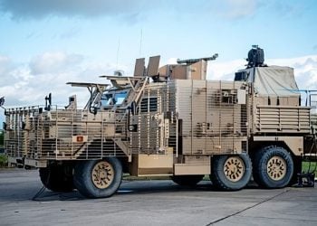 British Army truck with laser mounted on the back. Photo by the MOD. Crown Copyright.