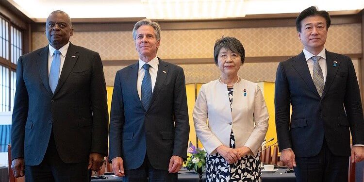 Kamikawa Yoko, Defence Secretary Lloyd, US Secretary Blinken, Foreign Minister Kamikawa. Photo by US Department of State.