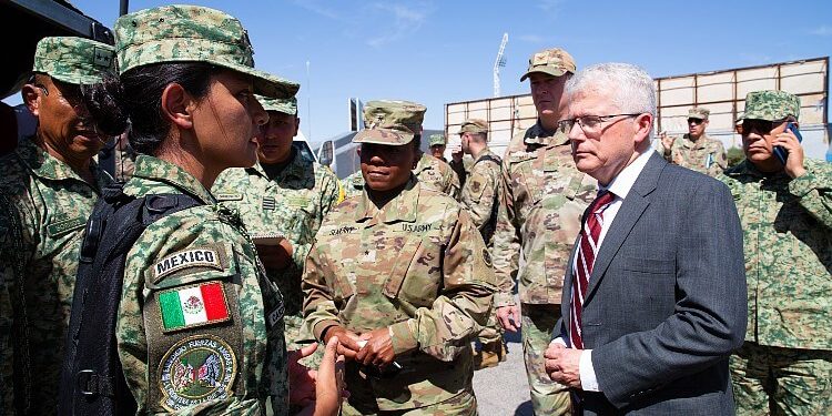 Members of the Mexican military discuss Fuerzas Amigas 2024 with the U.S. Consulate General in Ciudad Juarez, Rafael Foley, and Army Brig. Gen. Tomika Seaberry. Photo by Cathryn Lindsey. DOD.