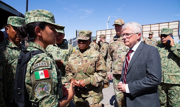 Members of the Mexican military discuss Fuerzas Amigas 2024 with the U.S. Consulate General in Ciudad Juarez, Rafael Foley, and Army Brig. Gen. Tomika Seaberry. Photo by Cathryn Lindsey. DOD.