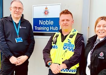 Pictured outside the Noble training hub at Dounreay are Supt Hernandez, Insp Bain, and Sgt Gill. Photo by CNC. Gov.uk.