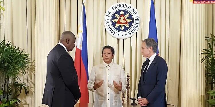 President Ferdinand R. Marcos Jr. greets US Secretary of State Anthony Blinken and Defense Secretary Lloyd Austin III in Manila. Photo by RTVM. PNA.
