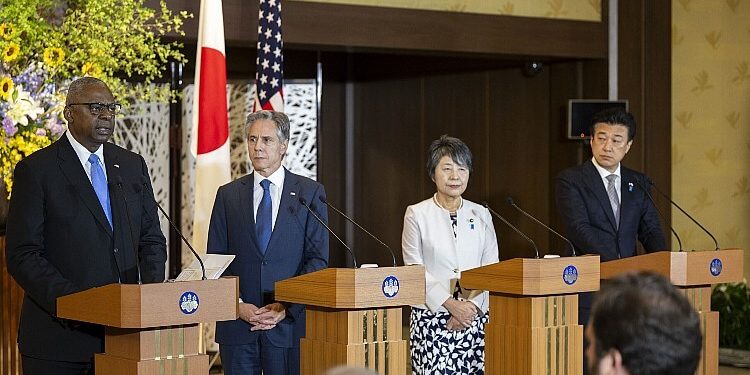 Secretary of Defense Lloyd J. Austin III & Antony J. Blinken with Japanese Defense Minister Minoru Kihara & Foreign Minister Yoko Kamikawa. Photo by NPO Ku (1)
