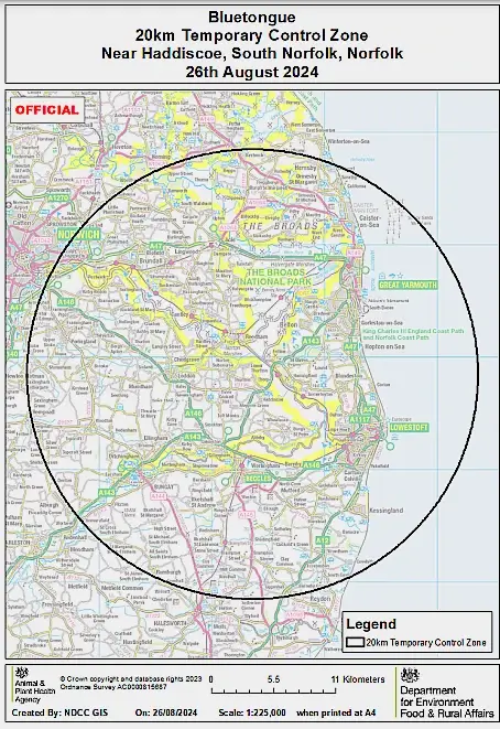 BlueTongue 20km Temporary Control Zone. Map and artwork by the UK Government. All rights reserved.