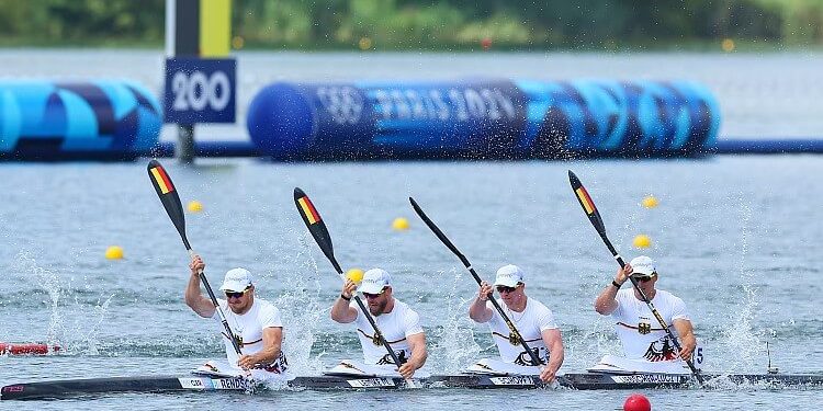 Germany wining photo-finish gold ahead of Australia in the Mens 500M canoe race. Photo by Getty Images. Paris 2024 Olympics.