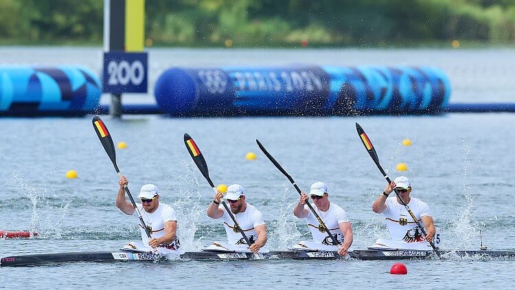 Germany wining photo-finish gold ahead of Australia in the Mens 500M canoe race. Photo by Getty Images. Paris 2024 Olympics.