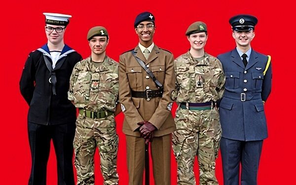 Group of military cadets in uniform for the front cover of the 'Getting an Edge' report. Photo by RFCA for Wales.