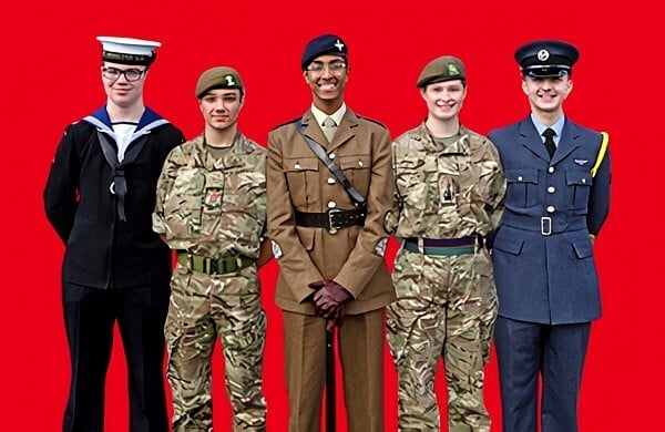 Group of military cadets in uniform for the front cover of the 'Getting an Edge' report. Photo by RFCA for Wales.