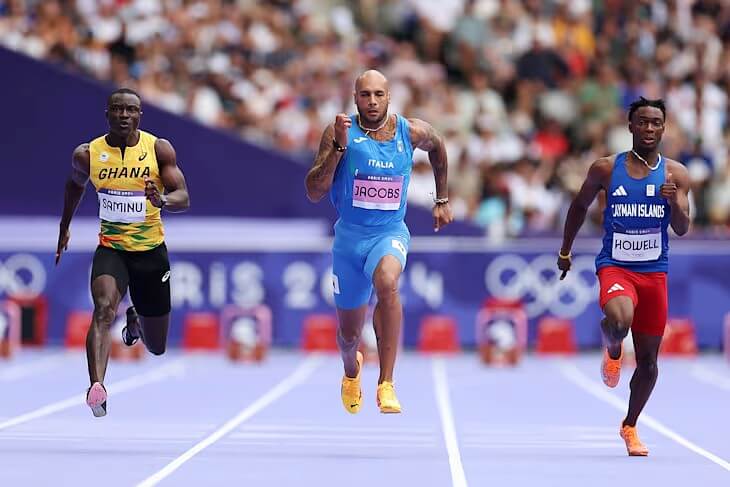 Heat victory for Lamont Marcell Jacobs of Team Italy. Photo by Paris 2024 Olympics. Getty Images.