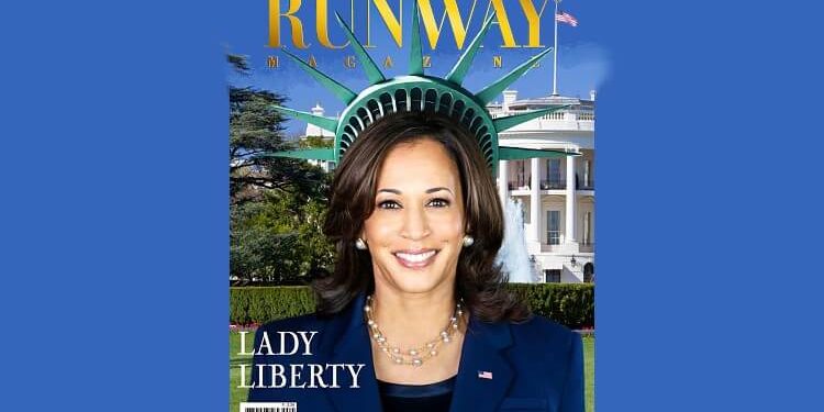 Runway Magazine cover story - Kamala Harris New Lady Liberty. Photo and Artwork by RUNWAY Magazine.