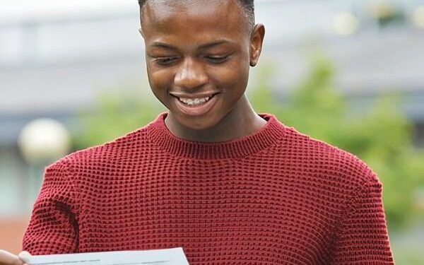 Teen with his A' level exam results. Photo by Department for Education. Gov.uk.