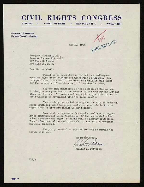 A letter from William L. Patterson to Thurgood Marshall concerning the historic Brown v. Board of Education decision. Photo by the Library of Congress.