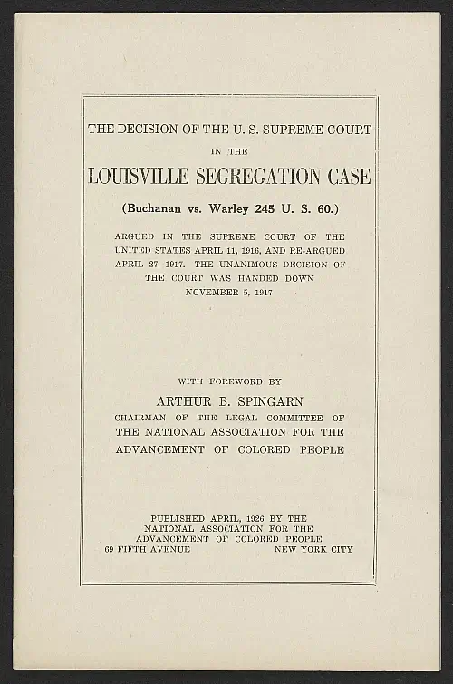 A pamphlet with foreword by Arthur B. Spingarn, NAACP Legal Committee, reprinting the Supreme Court. Photo by the Library of Congress.
