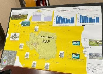 A poster board shows a map of Fort Knox, Ky., along with various graphs detailing how the base’s decentralized power generation system works. Photo by Chanda Johnson.