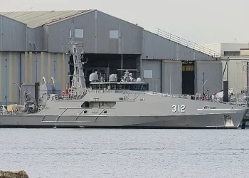 ADV Cape Solander at Austal shipyards in Henderson, Western Australia, May 2024. Photo by Calistemon.