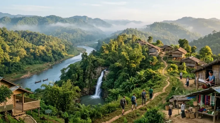 AI-generated photograph-style image of Bandarban’s forested hills, Sangu River, waterfall, village trails and local community life.