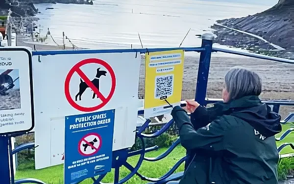 Combe Martin visitors being asked about beach conditions. Photo by the Environment Agency.