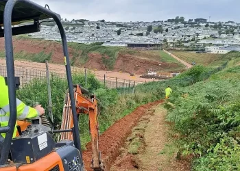 Construction work in full swing at the Straight Point site. Public safety along East Devon coast. Photo by Graham Nye, National Coastwatch Institution.