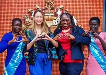 Deputy British High Commissioner to Uganda, Tiffany Kirlew poses with Peace Harriet Elly and Alim Daudut. British High Commission Kampala.