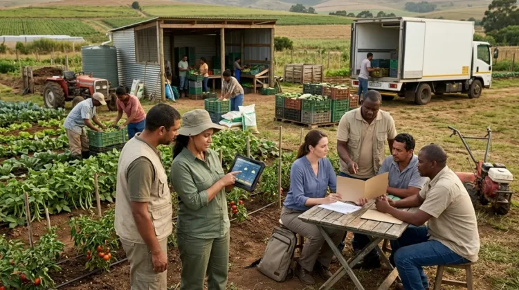 AI-generated photograph-style image of farmers and development specialists using digital tools, finance and cooperative supply systems on an active farm.