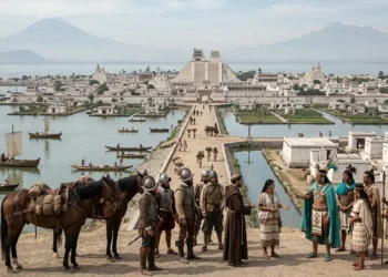 AI-generated historical reconstruction of Spanish forces meeting Indigenous representatives near the Aztec capital of Tenochtitlan.