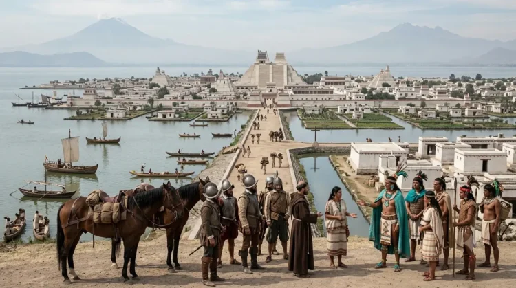 AI-generated historical reconstruction of Spanish forces meeting Indigenous representatives near the Aztec capital of Tenochtitlan.