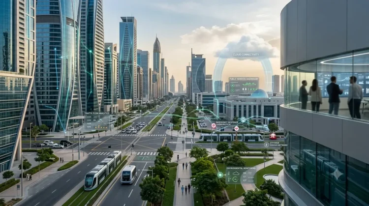 AI-generated photograph-style image of a connected smart city using cloud systems, urban data and intelligent public-service infrastructure.