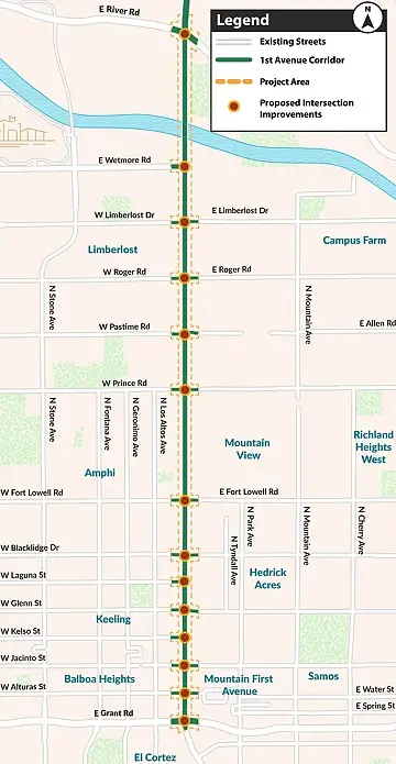 Map of proposed improvements on 1st Avenue. Photo by City of Tucson.